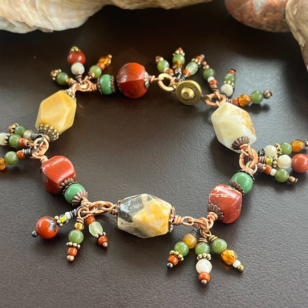 Boho Gemstone Bracelet, Jasper, Agate, Turquoise Jewelry, Handcrafted Wire Wrap - Picture 3 of 9